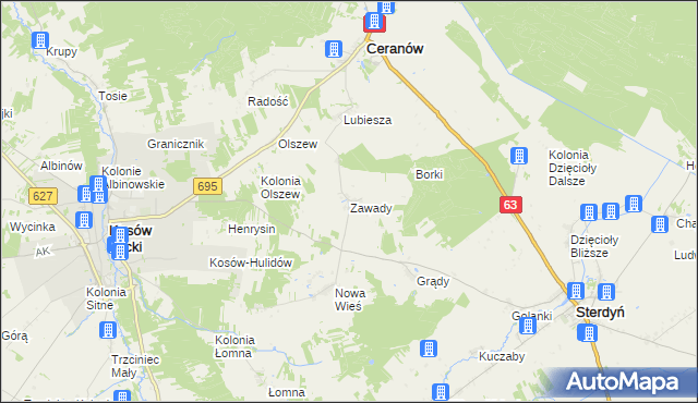 mapa Zawady gmina Ceranów, Zawady gmina Ceranów na mapie Targeo