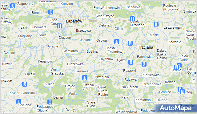 mapa Zbydniów gmina Łapanów, Zbydniów gmina Łapanów na mapie Targeo