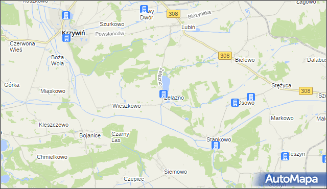 mapa Żelazno gmina Krzywiń, Żelazno gmina Krzywiń na mapie Targeo