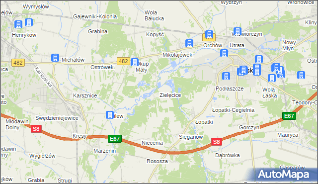 mapa Zielęcice gmina Łask, Zielęcice gmina Łask na mapie Targeo