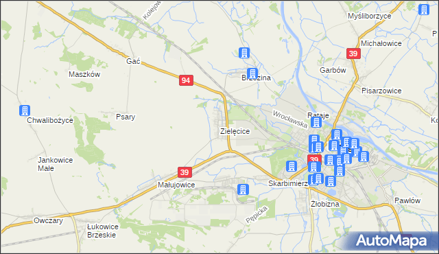 mapa Zielęcice gmina Skarbimierz, Zielęcice gmina Skarbimierz na mapie Targeo