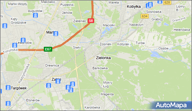 mapa Zielonka powiat wołomiński, Zielonka powiat wołomiński na mapie Targeo