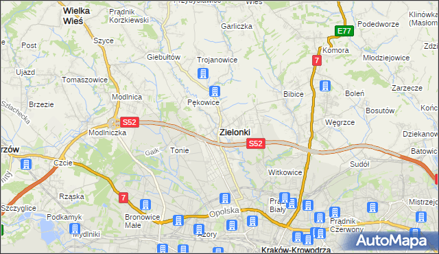 mapa Zielonki powiat krakowski, Zielonki powiat krakowski na mapie Targeo