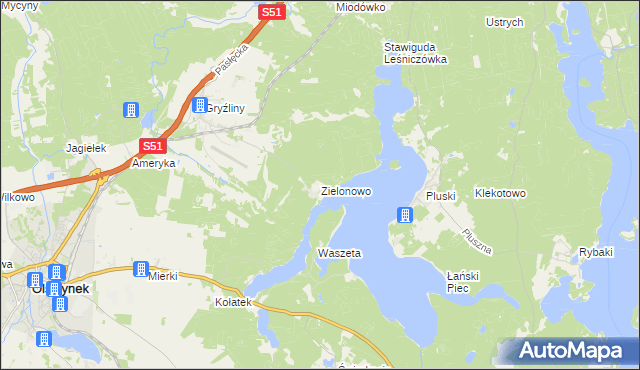 mapa Zielonowo gmina Stawiguda, Zielonowo gmina Stawiguda na mapie Targeo