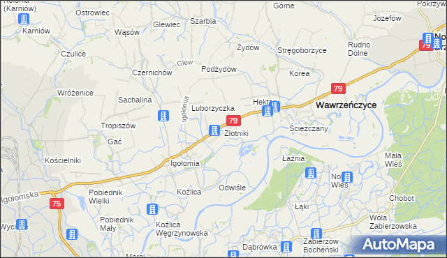 mapa Złotniki gmina Igołomia-Wawrzeńczyce, Złotniki gmina Igołomia-Wawrzeńczyce na mapie Targeo