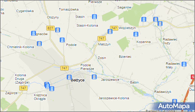 mapa Zosin gmina Bełżyce, Zosin gmina Bełżyce na mapie Targeo