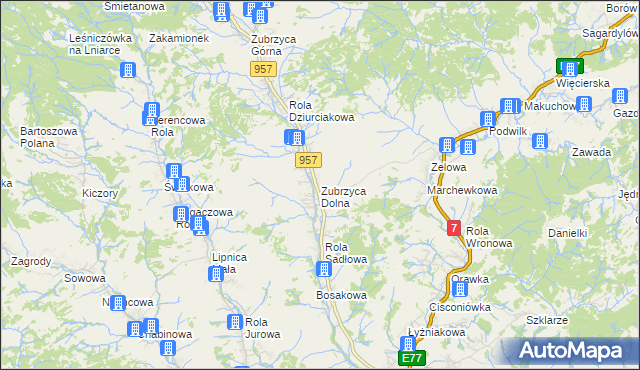 mapa Zubrzyca Dolna, Zubrzyca Dolna na mapie Targeo