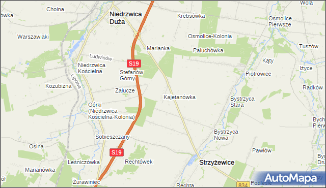 mapa Kajetanówka gmina Strzyżewice, Kajetanówka gmina Strzyżewice na mapie Targeo