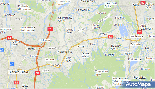 mapa Kozy powiat bielski, Kozy powiat bielski na mapie Targeo