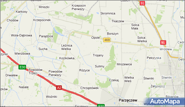 mapa Trojany gmina Parzęczew, Trojany gmina Parzęczew na mapie Targeo