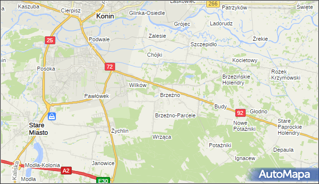 mapa Brzeźno gmina Krzymów, Brzeźno gmina Krzymów na mapie Targeo