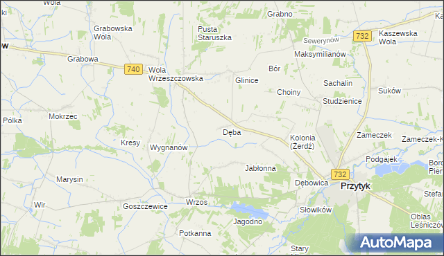 mapa Dęba gmina Przytyk, Dęba gmina Przytyk na mapie Targeo