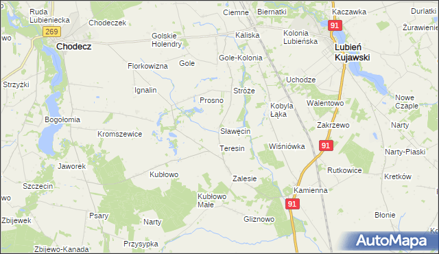 mapa Sławęcin gmina Lubień Kujawski, Sławęcin gmina Lubień Kujawski na mapie Targeo