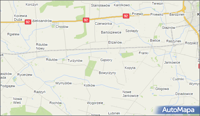 mapa Gąsiory gmina Chodów, Gąsiory gmina Chodów na mapie Targeo