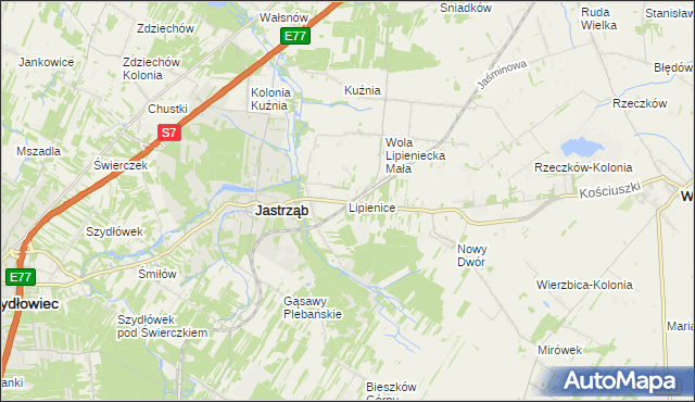 mapa Lipienice gmina Jastrząb, Lipienice gmina Jastrząb na mapie Targeo