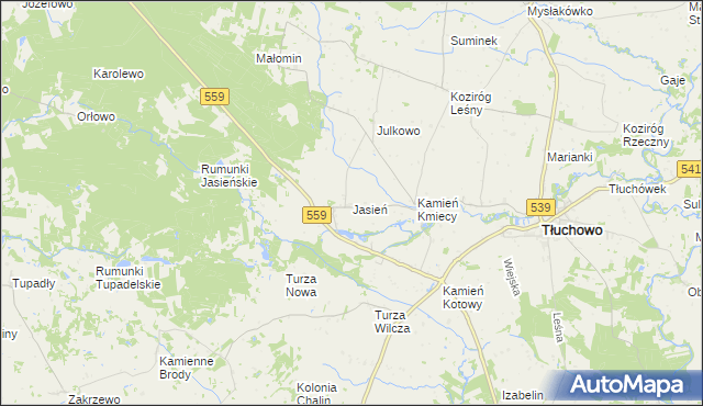 mapa Jasień gmina Tłuchowo, Jasień gmina Tłuchowo na mapie Targeo