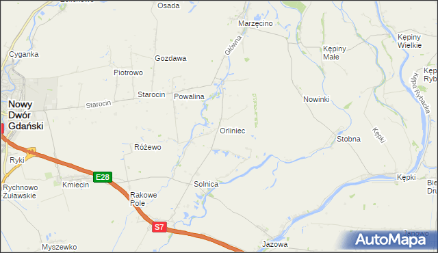 mapa Orliniec gmina Nowy Dwór Gdański, Orliniec gmina Nowy Dwór Gdański na mapie Targeo