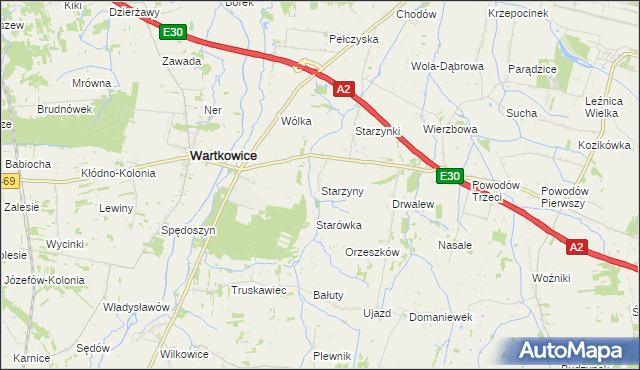 mapa Starzyny gmina Wartkowice, Starzyny gmina Wartkowice na mapie Targeo