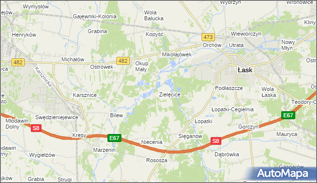 mapa Zielęcice gmina Łask, Zielęcice gmina Łask na mapie Targeo