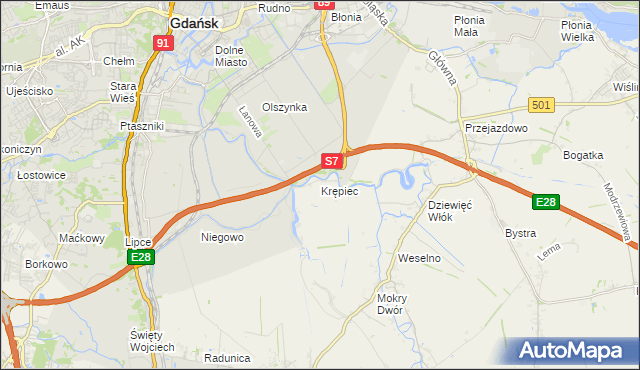 mapa Krępiec gmina Pruszcz Gdański, Krępiec gmina Pruszcz Gdański na mapie Targeo