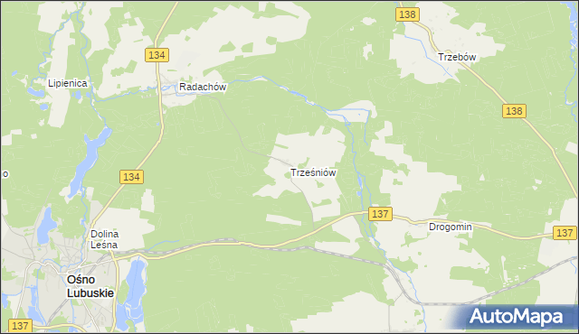 mapa Trześniów gmina Ośno Lubuskie, Trześniów gmina Ośno Lubuskie na mapie Targeo