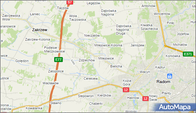 mapa Milejowice gmina Zakrzew, Milejowice gmina Zakrzew na mapie Targeo