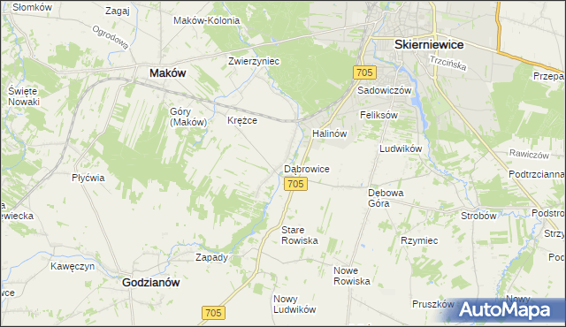 mapa Dąbrowice gmina Maków, Dąbrowice gmina Maków na mapie Targeo