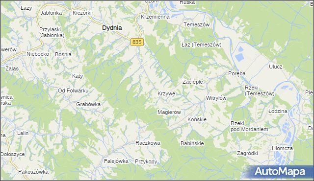 mapa Krzywe gmina Dydnia, Krzywe gmina Dydnia na mapie Targeo