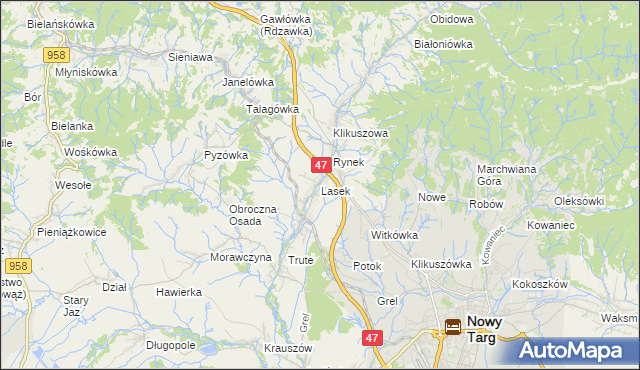mapa Lasek gmina Nowy Targ, Lasek gmina Nowy Targ na mapie Targeo