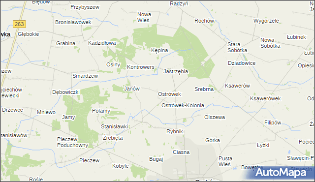 mapa Ostrówek gmina Grabów, Ostrówek gmina Grabów na mapie Targeo
