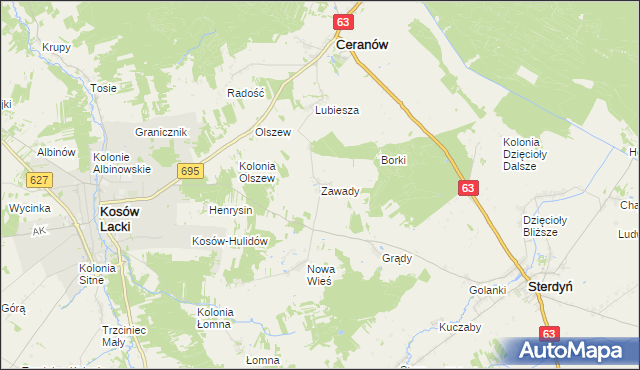 mapa Zawady gmina Ceranów, Zawady gmina Ceranów na mapie Targeo