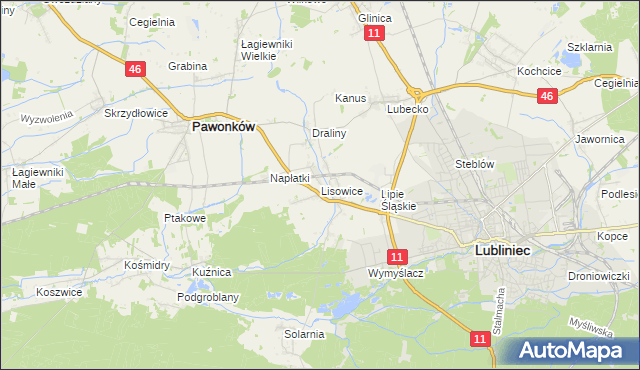 mapa Lisowice gmina Pawonków, Lisowice gmina Pawonków na mapie Targeo