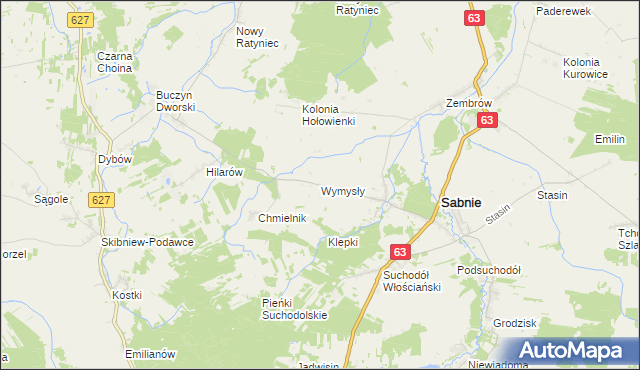 mapa Wymysły gmina Sabnie, Wymysły gmina Sabnie na mapie Targeo