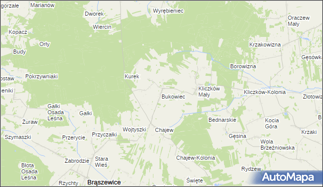 mapa Bukowiec gmina Brąszewice, Bukowiec gmina Brąszewice na mapie Targeo