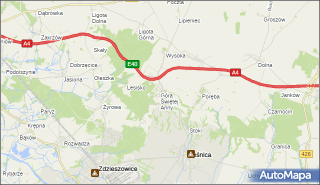 mapa Góra Świętej Anny gmina Leśnica, Góra Świętej Anny gmina Leśnica na mapie Targeo