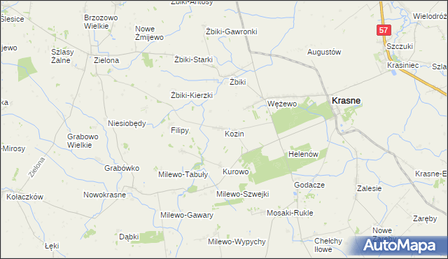mapa Kozin gmina Krasne, Kozin gmina Krasne na mapie Targeo