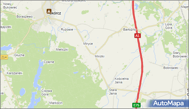 mapa Mirotki gmina Skórcz, Mirotki gmina Skórcz na mapie Targeo