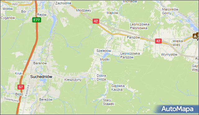 mapa Mostki gmina Suchedniów, Mostki gmina Suchedniów na mapie Targeo