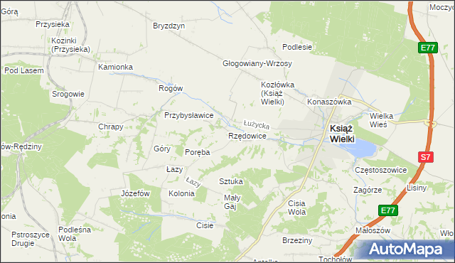 mapa Rzędowice gmina Książ Wielki, Rzędowice gmina Książ Wielki na mapie Targeo