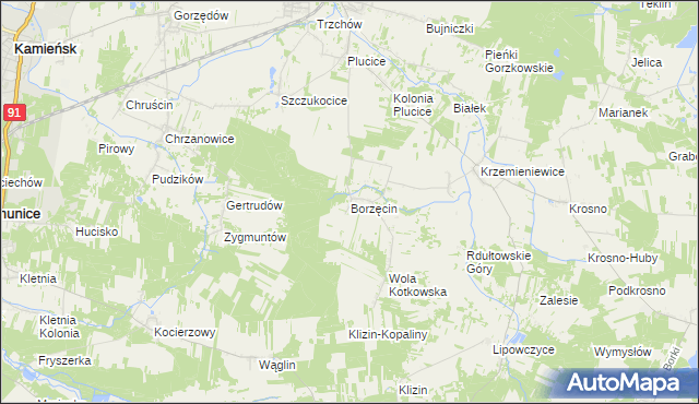 mapa Borzęcin gmina Gorzkowice, Borzęcin gmina Gorzkowice na mapie Targeo