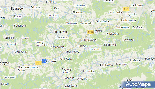 mapa Baczyn gmina Budzów, Baczyn gmina Budzów na mapie Targeo