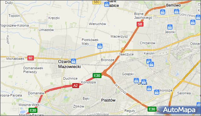 mapa Bronisze gmina Ożarów Mazowiecki, Bronisze gmina Ożarów Mazowiecki na mapie Targeo