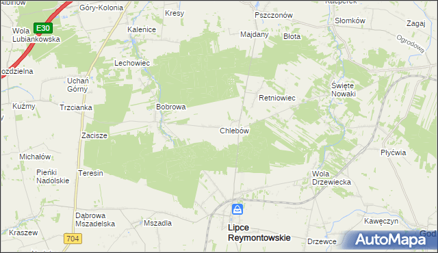 mapa Chlebów gmina Lipce Reymontowskie, Chlebów gmina Lipce Reymontowskie na mapie Targeo