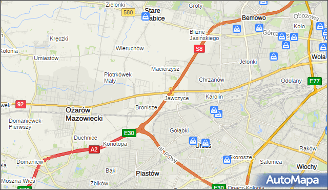 mapa Jawczyce gmina Ożarów Mazowiecki, Jawczyce gmina Ożarów Mazowiecki na mapie Targeo