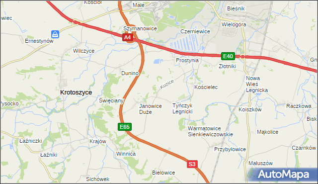 mapa Kozice gmina Krotoszyce, Kozice gmina Krotoszyce na mapie Targeo