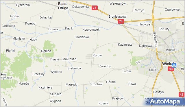 mapa Kurów gmina Wieluń, Kurów gmina Wieluń na mapie Targeo