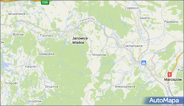 mapa Mniszków gmina Janowice Wielkie, Mniszków gmina Janowice Wielkie na mapie Targeo