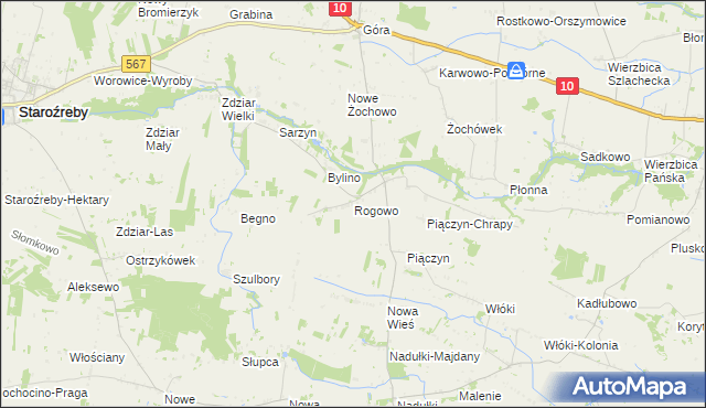 mapa Rogowo gmina Staroźreby, Rogowo gmina Staroźreby na mapie Targeo