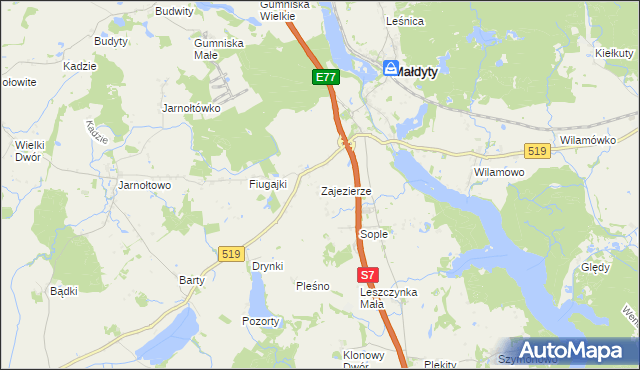 mapa Zajezierze gmina Małdyty, Zajezierze gmina Małdyty na mapie Targeo