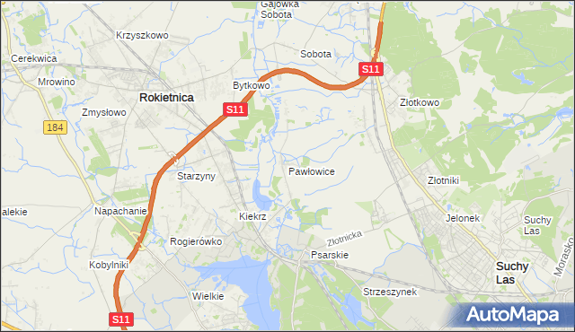 mapa Pawłowice gmina Rokietnica, Pawłowice gmina Rokietnica na mapie Targeo